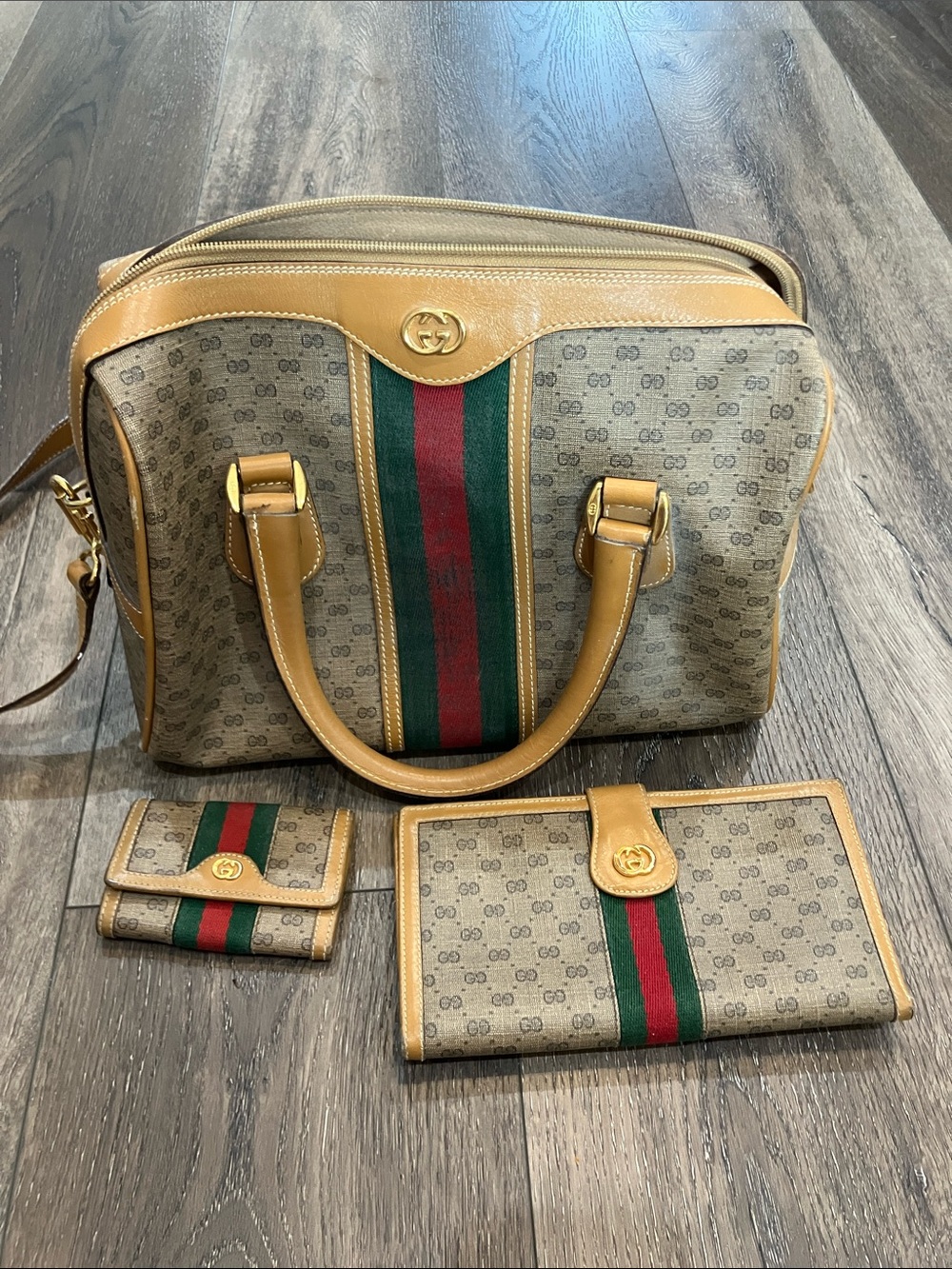 Gucci Beige GG Canvas Top-Handle Satchel with Green & Red Web Stripe